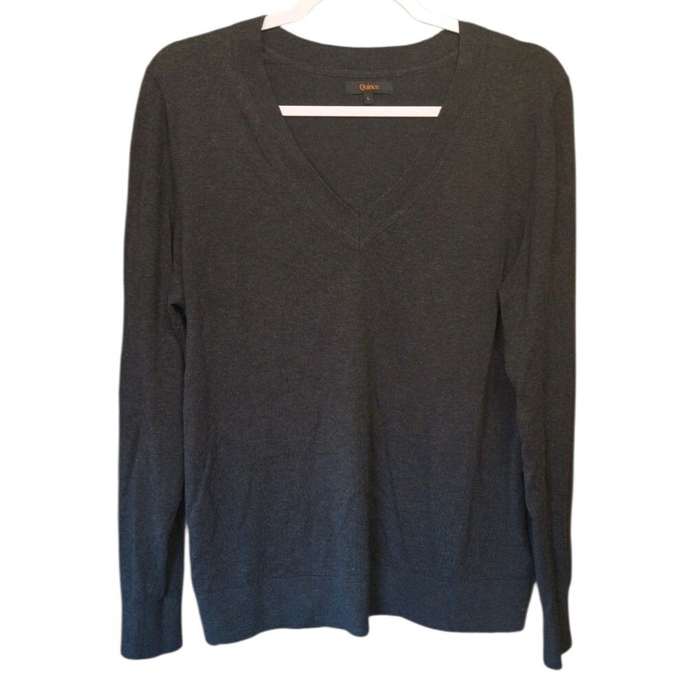 Quince Lightweight Organic Cotton Cashmere V Neck Sweater Womens Large Gray